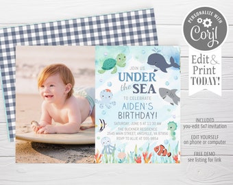 Ocean Birthday Photo Invitation: Under the Sea Animals (Digital Download)