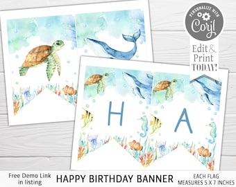 Ocean Animals Birthday Banner, Blue Watercolor, Editable (Digital Download)