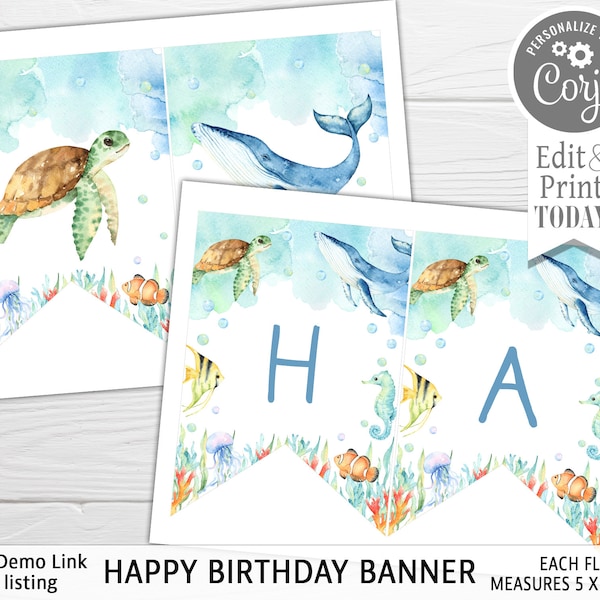 Ocean Animals Banner, Editable Blue Happy Birthday Banner, Editable Banner, Instant Download, Corjl