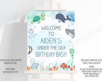 Ocean Animals Welcome Sign Templates in 8x10, 11x14, an 16x20 inches, Editable Blue Welcome Sign Digital File, Instant Download, Corjl, CB1