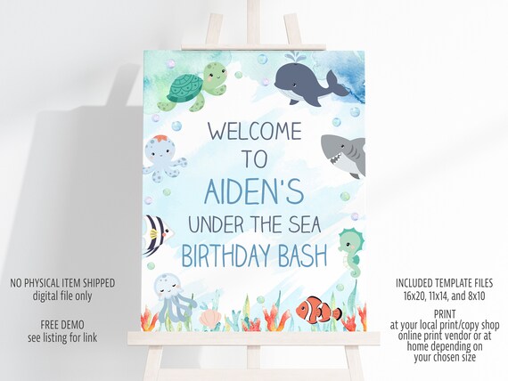 Ocean Animals Welcome Sign Templates in 8x10, 11x14, an 16x20 inches, Editable Blue Welcome Sign Digital File, Instant Download, Corjl, CB1 Il_570xn