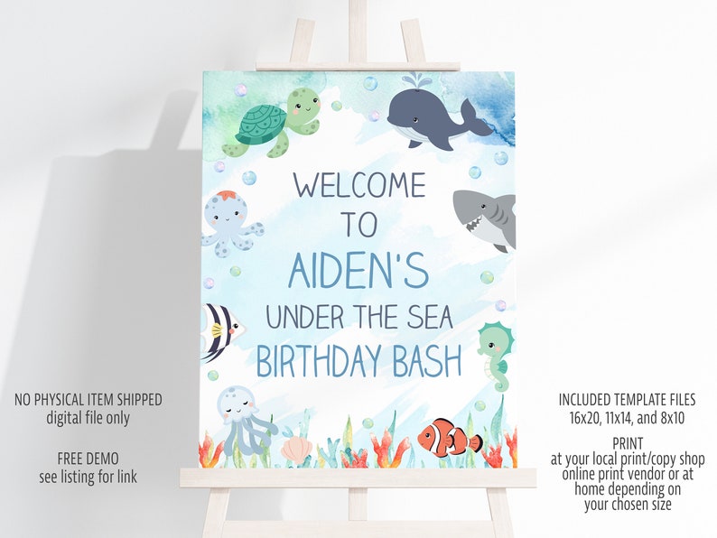 Ocean Animals Birthday Welcome Sign: Editable Template (Digital Download) image 1