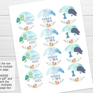 May include: Printable cupcake toppers featuring an under the sea theme. The toppers feature a blue and green watercolor background with an octopus, a whale, and a turtle. The text on the toppers reads "Happy Birthday Aiden" and "Under the Sea".