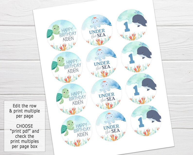 May include: Printable cupcake toppers featuring an under the sea theme. The toppers feature a blue and green watercolor background with an octopus, a whale, and a turtle. The text on the toppers reads "Happy Birthday Aiden" and "Under the Sea".