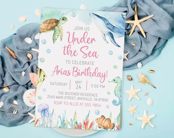 Ocean Birthday Invitation, ocean animals, girl, pink, editable, Under the Sea invitation, turtle, edit with Corjl, instant download. D202