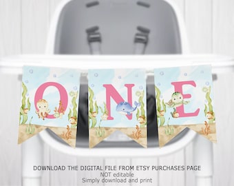 Girl Ocean Animals Highchair Banner, Oneder the Sea (Instant Download)