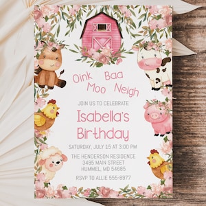 Farm Birthday Invitation, girl, editable, cute farm animals, cow, horse, pig, chicken, one two or any age, edit with Corjl, instant download