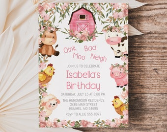 May include: A pink and white farm-themed birthday invitation with a red barn, a cow, a pig, a chicken, a sheep, and a horse. The text reads "Oink Baa Moo Neigh Join us to celebrate Isabella's Birthday Saturday, July 15 at 3:00 PM The Henderson Residence 3485 Main Street Hummel, MD 54685 RSVP to Allie 555-8977"