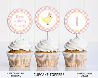 Chicken Birthday Cupcake Toppers: Pink Farm Party (Editable Digital Download)
