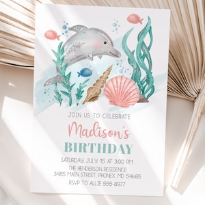 Dolphin Birthday Invitation Template, editable, Girl Dolphin Invitation, ocean invitation, edit with Corjl, instant download