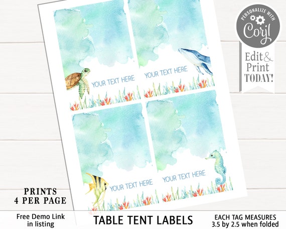Ocean Animals Table Tent Label, turtle, whale, seahorse, fish, girl, boy, food label, editable table tent, instant download Il_570xn