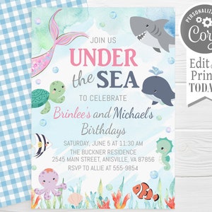 Under the Sea Sharks and Mermaids Birthday Invitation, editable, Birthday girl and boy ocean, edit with Corjl, instant download