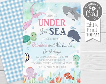 Sharks and Mermaids Birthday Invitation: Under the Sea Party (Digital Download)