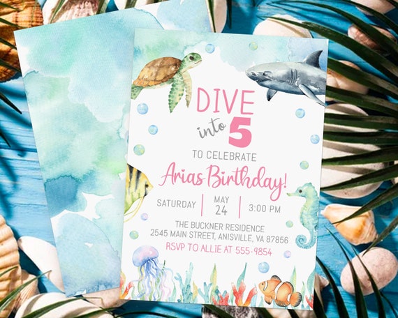 Dive Into Five Birthday Invitation, Ocean Animals, Girl Pink.