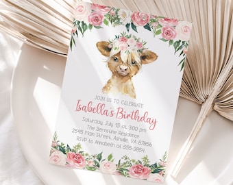 Highland Cow Birthday Invitation, editable cow invitation for girl with flowers and pink text, instant download