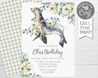 Sea Lion Birthday Invitation, editable, Under the Sea invitation, sea lion  with flowers, edit with Corjl, instant download