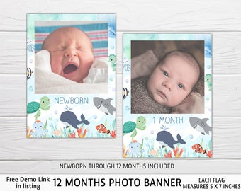 Ocean Animals Photo Banner, Editable Blue First Birthday Photo Banner, Instant Download, Corjl, CB1