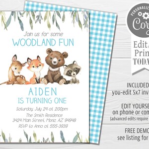 May include: Woodland themed first birthday party invitation with a blue and white gingham background. The invitation features a cute illustration of a deer, fox, bear, and raccoon. The text reads "Join us for some Woodland Fun Aiden is turning one Saturday, July 24 at 2:00pm The Smith Residence 3424 Main Street, Moniz, AZ 94948 RSVP to Anna at 555-3939".