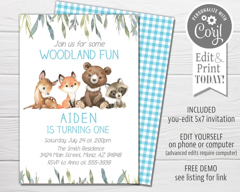 May include: Woodland themed first birthday party invitation with a blue and white gingham background. The invitation features a cute illustration of a deer, fox, bear, and raccoon. The text reads "Join us for some Woodland Fun Aiden is turning one Saturday, July 24 at 2:00pm The Smith Residence 3424 Main Street, Moniz, AZ 94948 RSVP to Anna at 555-3939".