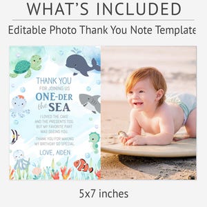 The image is a collage of two photos. The left photo is a water-themed birthday card with a baby smiling on a beach, surrounded by sea creatures. The right photo is a photo of a baby on a surfboard, smiling and enjoying the beach.