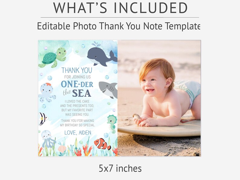 The image is a collage of two photos. The left photo is a water-themed birthday card with a baby smiling on a beach, surrounded by sea creatures. The right photo is a photo of a baby on a surfboard, smiling and enjoying the beach.