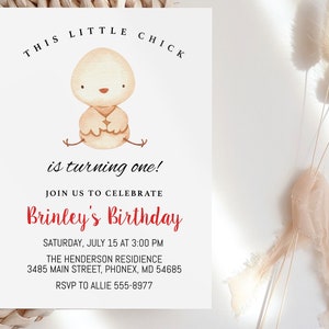 Chicken Birthday Invitation template, girl, editable, farm party invite turning one, two or any age, red, this little chick