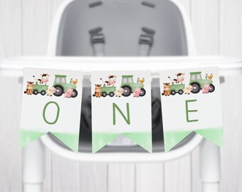 Farm Animals Highchair Banner, Tractor First Birthday (Instant Download)