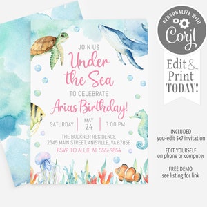 May include: An under the sea themed birthday invitation with a watercolor background. The invitation features a whale, a seahorse, a turtle, a jellyfish, and a clownfish. The text on the invitation reads "Join us Under the Sea to celebrate Arias Birthday! Saturday May 24 3:00 PM The Buckner Residence 2545 Main Street, Anisville, VA 87856 RSVP to Allie at 555-9854".