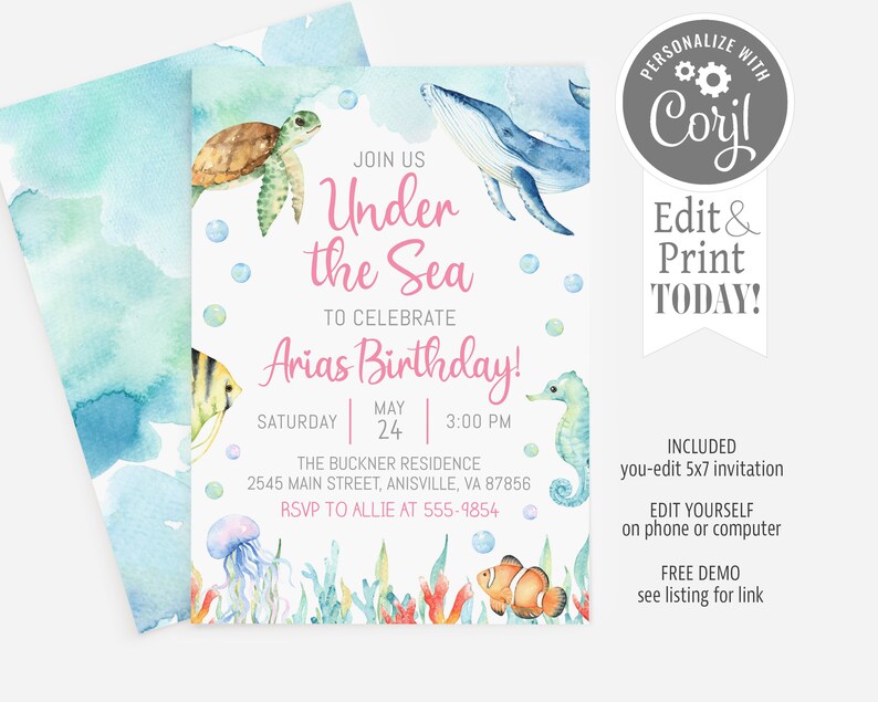 May include: An under the sea themed birthday invitation with a watercolor background. The invitation features a whale, a seahorse, a turtle, a jellyfish, and a clownfish. The text on the invitation reads "Join us Under the Sea to celebrate Arias Birthday! Saturday May 24 3:00 PM The Buckner Residence 2545 Main Street, Anisville, VA 87856 RSVP to Allie at 555-9854".