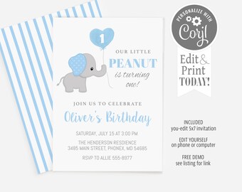 Elephant 1st Birthday Invitation, Blue Balloon, Editable Template (Digital Download)