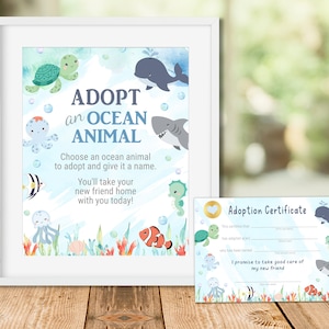 May include: A printable adoption certificate for a child's ocean animal party. The certificate features a blue background with a variety of ocean animals, including a whale, a shark, a seahorse, a turtle, an octopus, and a jellyfish. The text on the certificate reads "Adoption Certificate" and "This certifies that... has adopted (a/an)... who has been named... I promise to take good care of my new friend."
