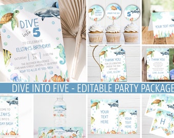 Ocean Animals Birthday Party Bundle: Fifth Birthday Boy, Editable Templates  (Digital Printable Download)