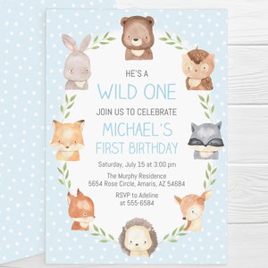 Woodland Animals Birthday Invitation, editable, wild one, watercolor forest animals, first birthday, edit with Corjl, instant download image 1