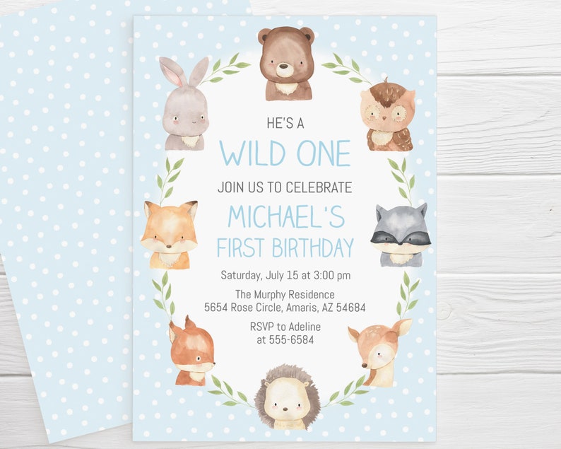 Woodland Animals Birthday Invitation, editable, wild one, watercolor forest animals, first birthday, edit with Corjl, instant download image 1
