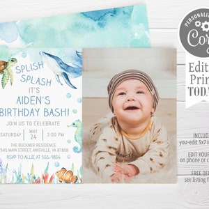 Ocean Birthday Invitation, Boy, Splish Splash Party (Editable with Corjl)