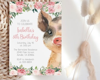 Pig Birthday Invitation, editable piglet with flowers invitation for girl with flowers and pink text, instant download