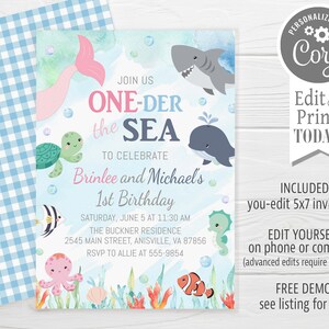Oneder the Sea Mermaid Shark Birthday Invitation, editable, First Birthday girl and boy ocean, edit with Corjl, instant download