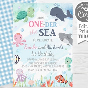 Ocean Twins First Birthday Invitation, ocean animals, boy, blue, editable, First Birthday One-der the Sea, edit with Corjl, instant download