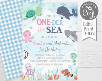 Ocean Twins First Birthday Invitation, Under the Sea Animals (Editable Template)