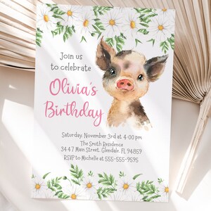 Pig Birthday Invitation Template, Editable, Piglet with Daisy Flowers invitation for girl with flowers and pink text, instant download image 2