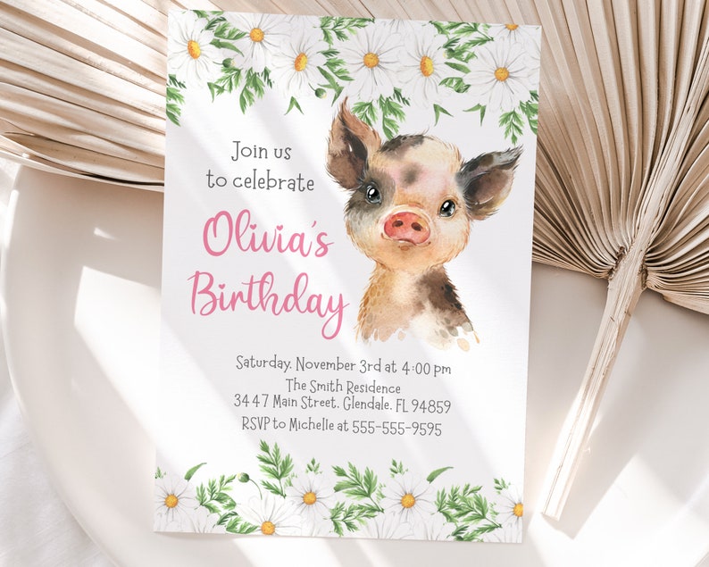 Pig Birthday Invitation Template, Editable, Piglet with Daisy Flowers invitation for girl with flowers and pink text, instant download image 2