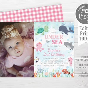 May include: A personalized invitation for a 2nd birthday party with an under the sea theme. The invitation features a photo of a baby girl, a blue and green watercolor background, and illustrations of sea creatures like a whale, octopus, turtle, and fish. The text on the invitation reads "Join us Under the Sea to celebrate Brinlee's 2nd Birthday".