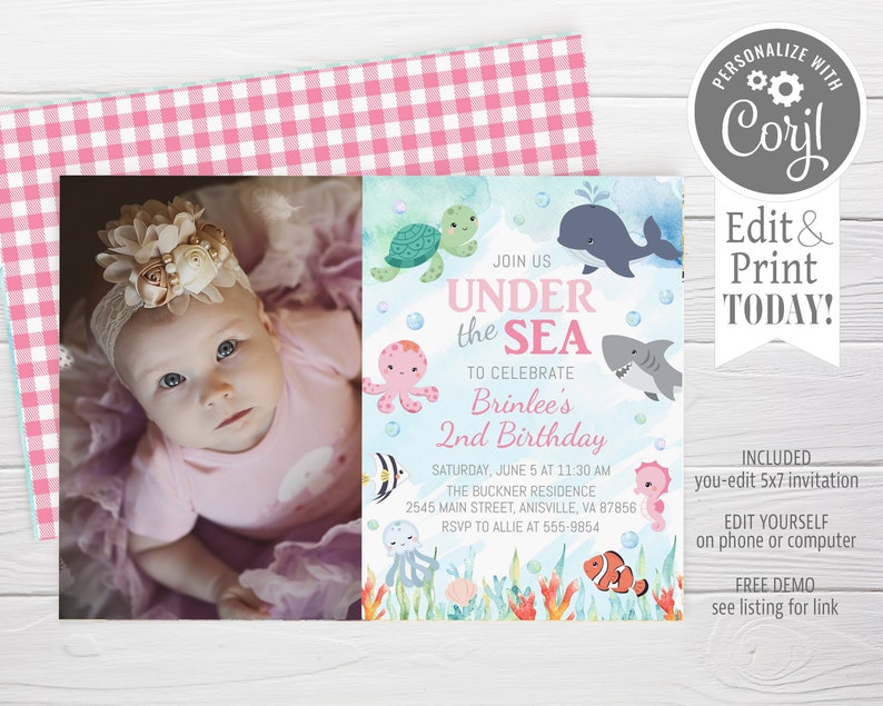 May include: A personalized invitation for a 2nd birthday party with an under the sea theme. The invitation features a photo of a baby girl, a blue and green watercolor background, and illustrations of sea creatures like a whale, octopus, turtle, and fish. The text on the invitation reads "Join us Under the Sea to celebrate Brinlee's 2nd Birthday".