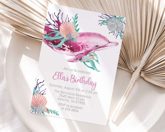 Dolphin Birthday Invitation, sea shells, pink, editable, Under the Sea invitation, dolphin with flowers, edit with Corjl, instant download Il_570xn