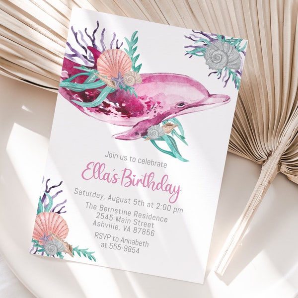 Dolphin Birthday Invitation, sea shells, pink, editable, Under the Sea invitation, dolphin with flowers, edit with Corjl, instant download