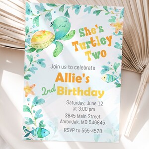 Turtley Two Birthday Invitation, She&#39;s Turtley Two editable, Under the Sea invitation, turtle, edit with Corjl, instant download