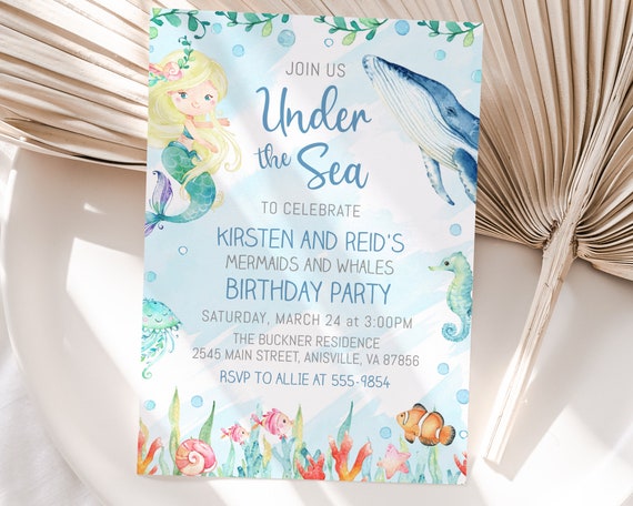 Under the Sea Whales and Mermaids Birthday Invitation, editable, Birthday girl and boy ocean, edit with Corjl, instant download Il_570xn