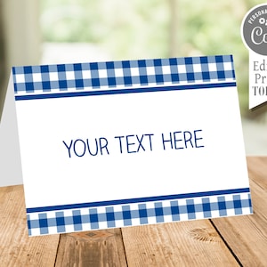 Blue Table Tent Label, food label, blue gingham, editable table tent, instant download
