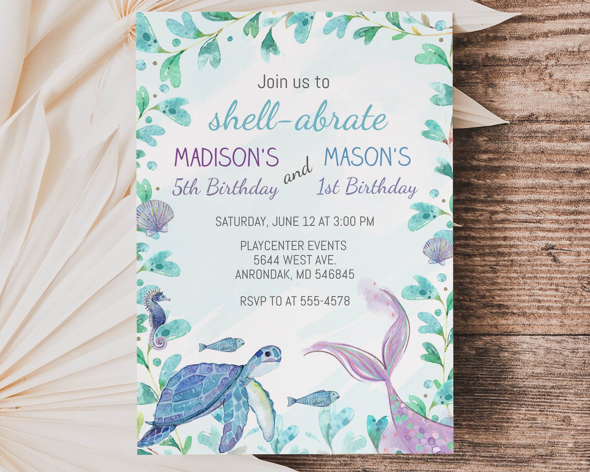 Turtle Mermaid Birthday Invitation Template, Under the Sea, Editable ...
