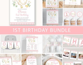 Chicken First Birthday Invitation Bundle Pink Farm Party (Digital Download)  #017
